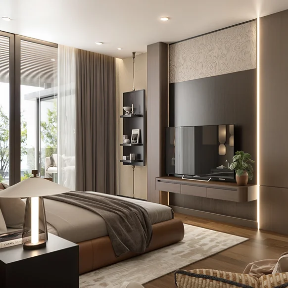 Bedroom with built-in joinery and a view to the garden