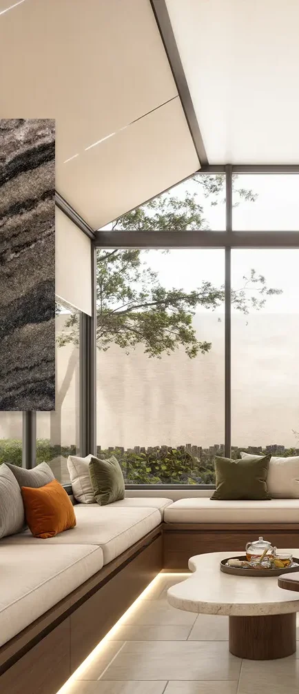 Living room with a pitched glass wall, built-in bench seating and a garden view