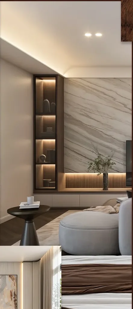 Marble-clad living wall with backlit display niches beside a bedroom