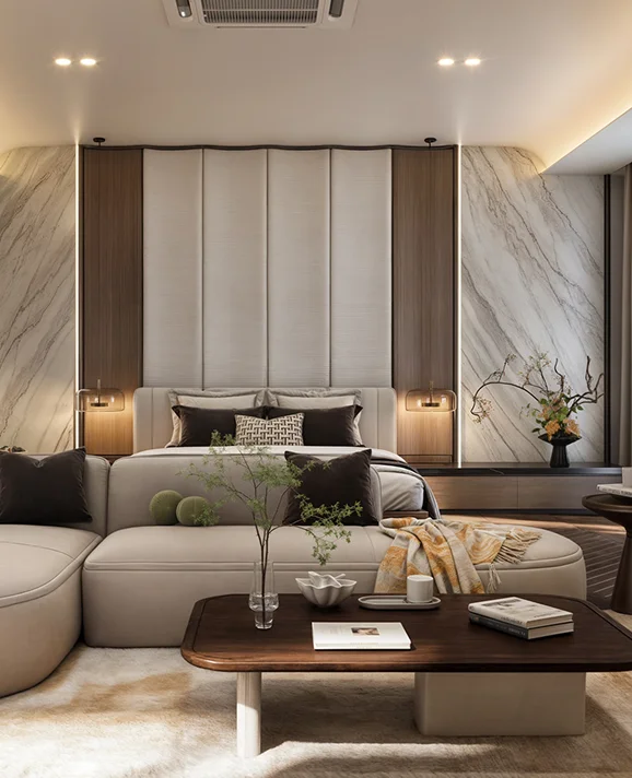 Bedroom and living area with marble-clad walls and built-in furniture