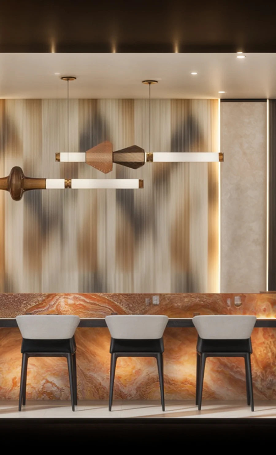Backlit onyx bar counter with sculptural pendant lamps and upholstered stools
