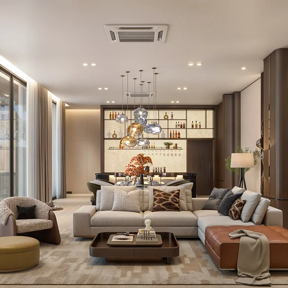 Open-plan living room looking through to the bar