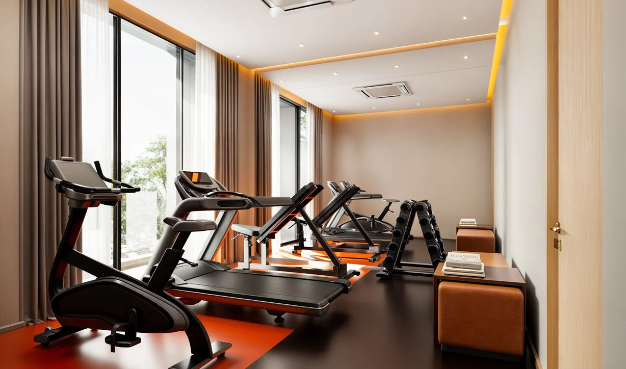 Fitness room with treadmills and an exercise bike beside floor-to-ceiling windows