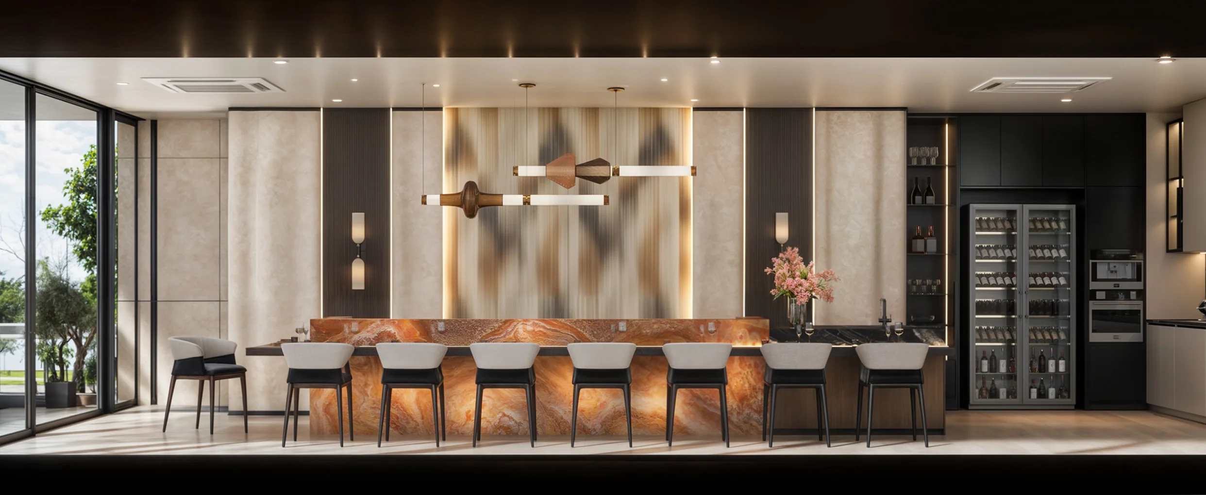 Omakase room with a marble counter, bar stools and a wine display