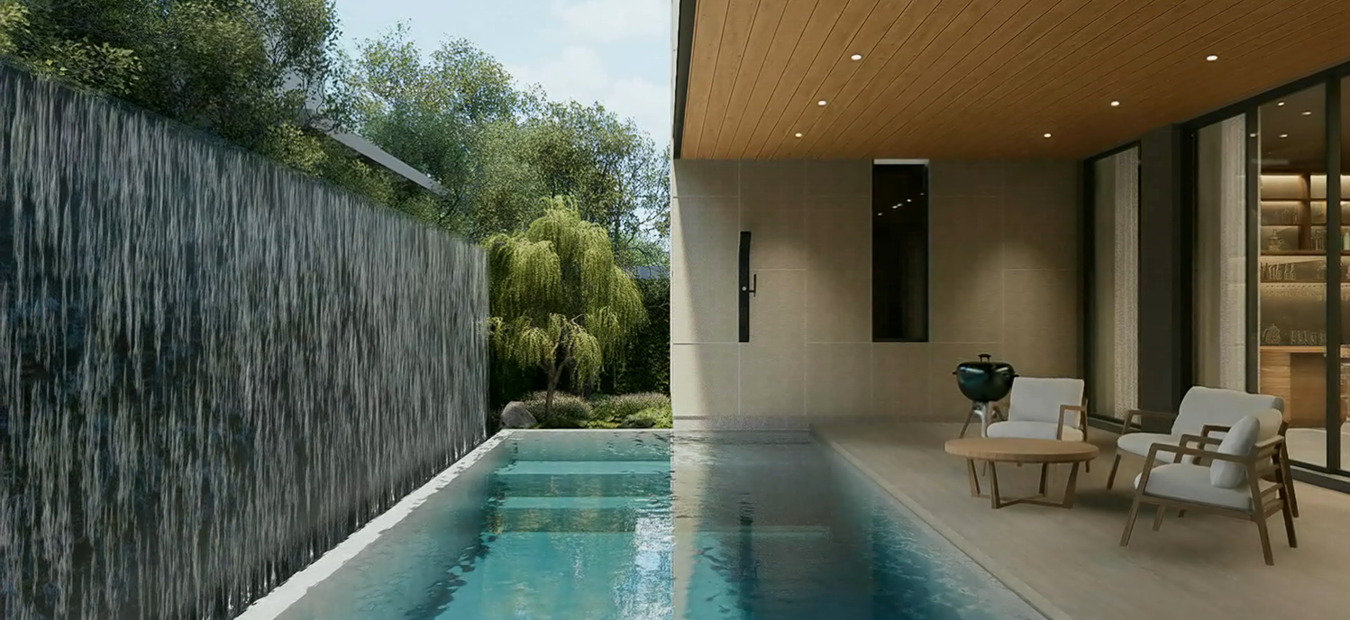 Aether pool with a cascading water wall alongside a covered terrace