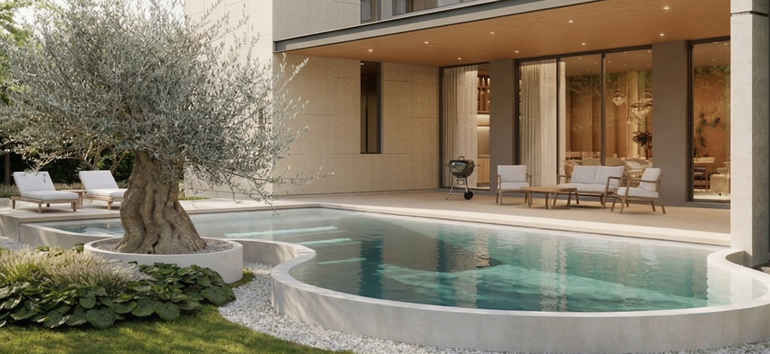 Eden pool with a curved geometry wrapping an olive tree and pocket garden