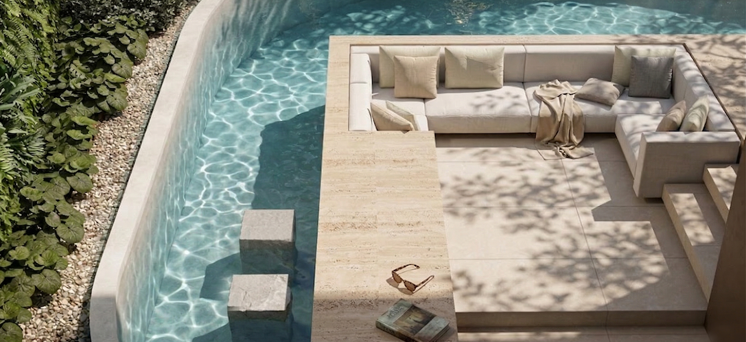 Infinite resort-style pool with a sunken lounge at water level